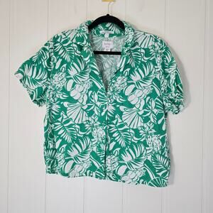 Nicole Miller Linen Top Tropical Print Boxy Cropped Button Down Green Size M